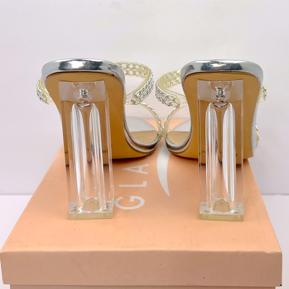 GLAZE SILVER CHAIN STRAPPY SANDALS, ALL MAN-MADE MATRIAL, WOMEN’S SIZE 10 - Picture 5 of 17